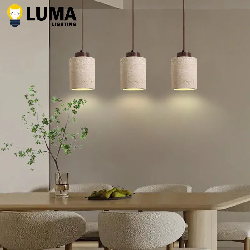 Japanese Wabi-Sabi Stone Pendant Light, LED Yellow Travertine Hanging Lamp for Bedroom Bedside Kitchen Island Dining Room Decor