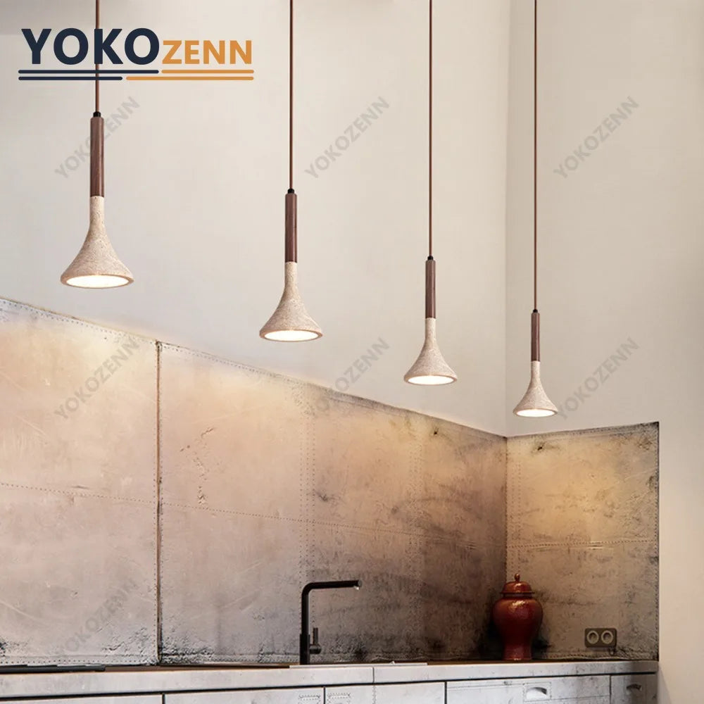 YOKO Wabi-Sabi Yellow Travertine Pendant Light, Japanese Cave Stone for Kitchen Island Restaurant Bedroom Bedside Home Decor