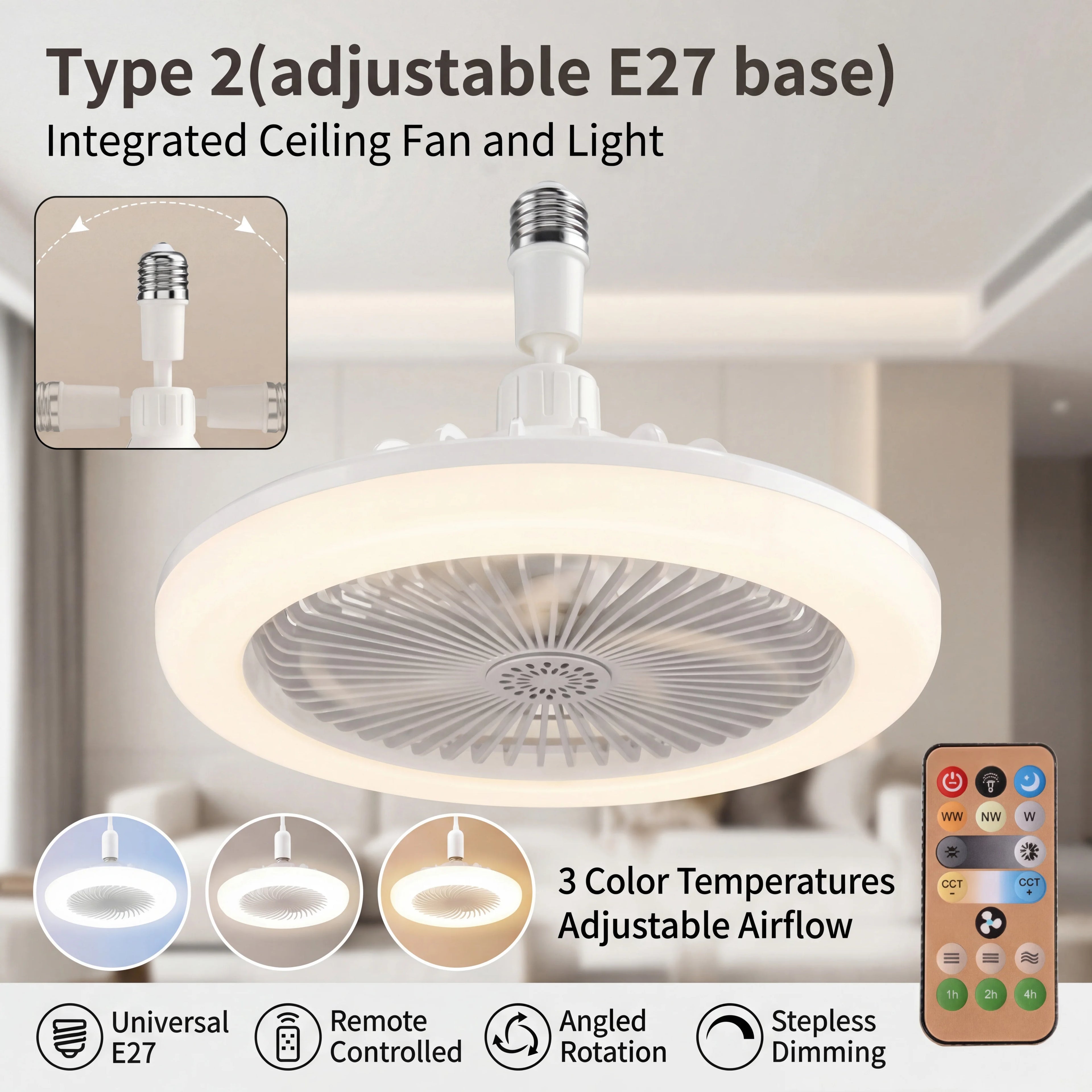 2-in-1 E27 Socket Fan Light Remote Control 85-265V Energy Saving Silent LED Ceiling Fan for Bedro...