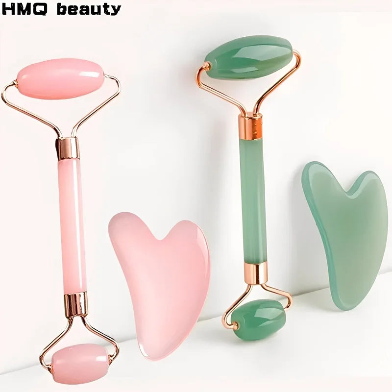 2pcs Facial Roller Scraping Board Set Facial Skincare Massager Kit Heart-shaped Gua Sha Board Salon Beauty Tool