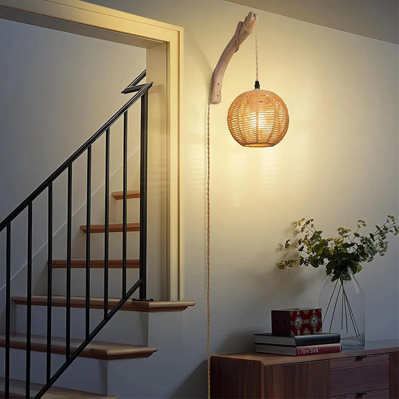 Bamboo Lantern Wall Lamp Natural Rattan Wicker E27 Chandeliers Hand-Woven Bamboo Room Decor Lampshades Wall Light Fixtures