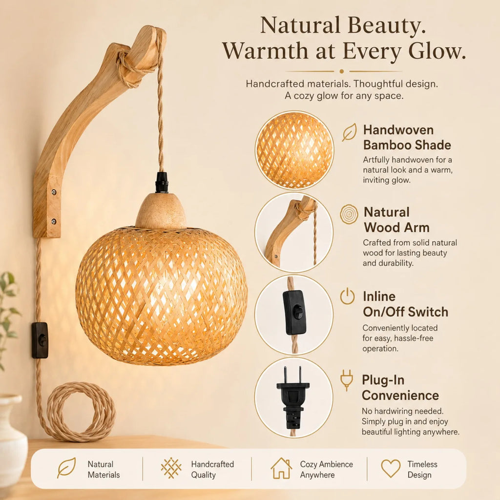 JOYINLED Bamboo Light Plug-In Wall Lamp Wicker with American Plug-In Cord Hand-Woven Rattan Wall Lamp Wall Lamp for Living Room