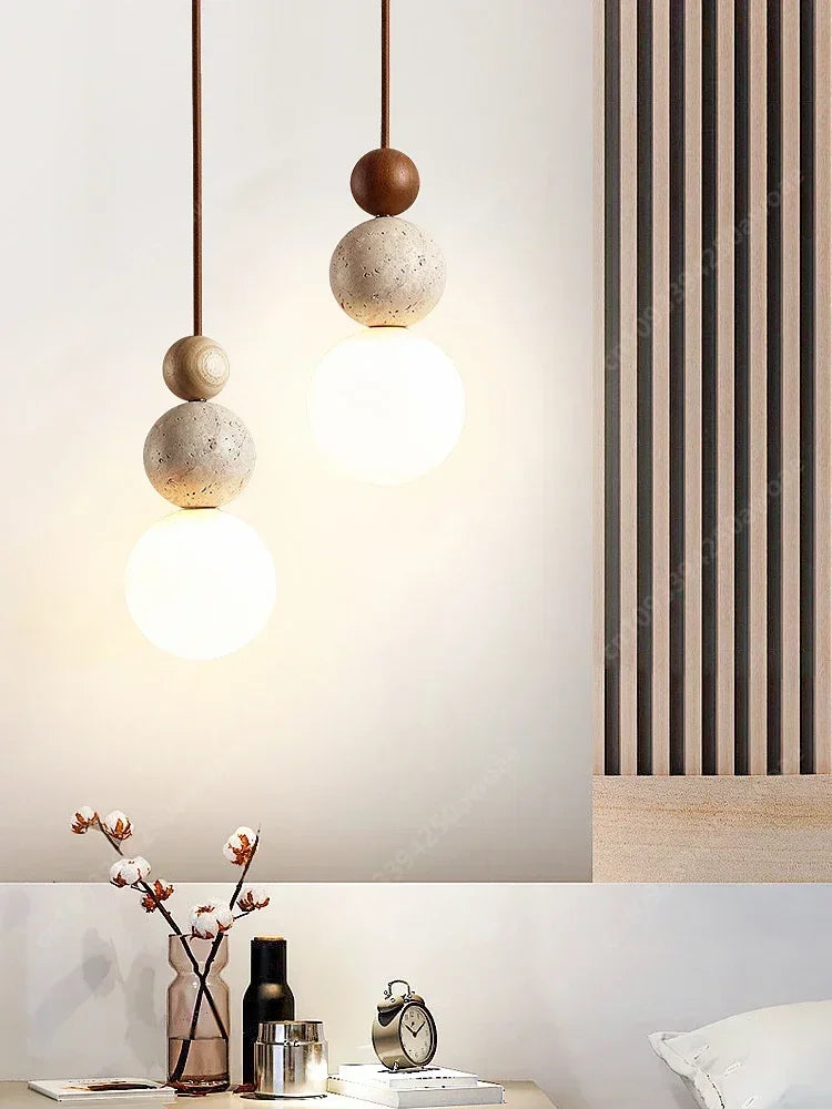 Luma Cream Style Yellow Travertine Pendant Lights, Nature Stone Wood Hanging Lamps for Bedroom Bedside Restaurant Kitchen Island