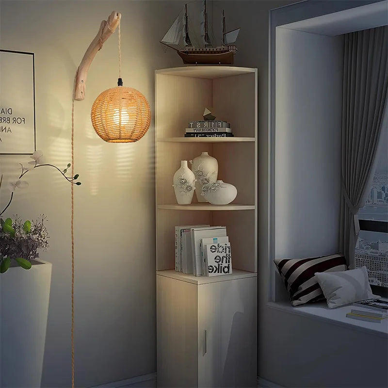 Bamboo Lantern Wall Lamp Natural Rattan Wicker E27 Chandeliers Hand-Woven Bamboo Room Decor Lampshades Wall Light Fixtures