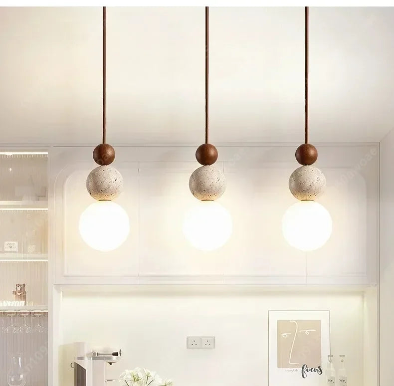 Luma Cream Style Yellow Travertine Pendant Lights, Nature Stone Wood Hanging Lamps for Bedroom Bedside Restaurant Kitchen Island