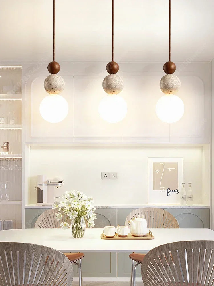 Luma Cream Style Yellow Travertine Pendant Lights, Nature Stone Wood Hanging Lamps for Bedroom Bedside Restaurant Kitchen Island
