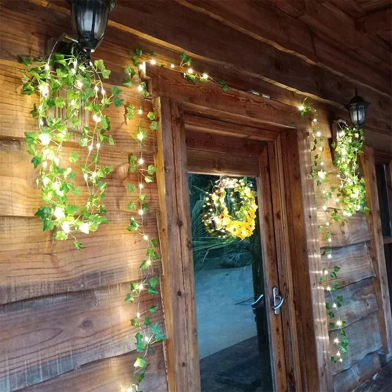 2/10M Silk Leaves Fake Creeper Green Leaf Ivy LED String Lights Home Decor Hanging Garland Artifi...