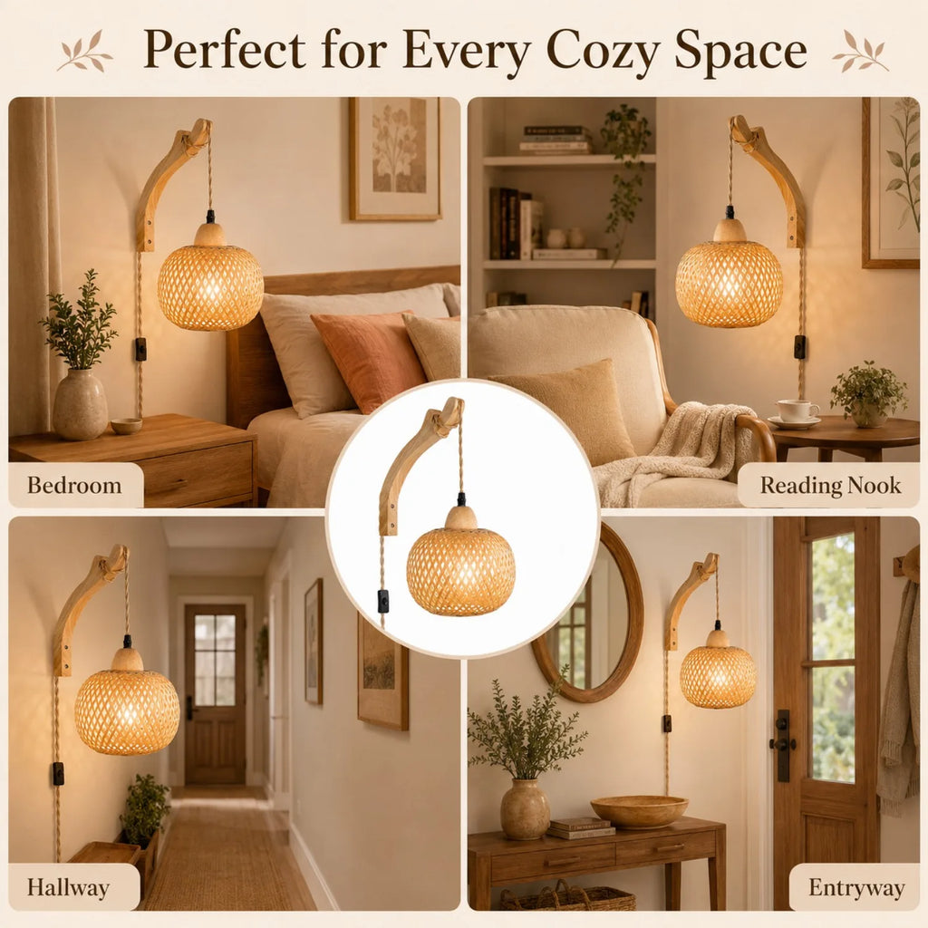 JOYINLED Bamboo Light Plug-In Wall Lamp Wicker with American Plug-In Cord Hand-Woven Rattan Wall Lamp Wall Lamp for Living Room