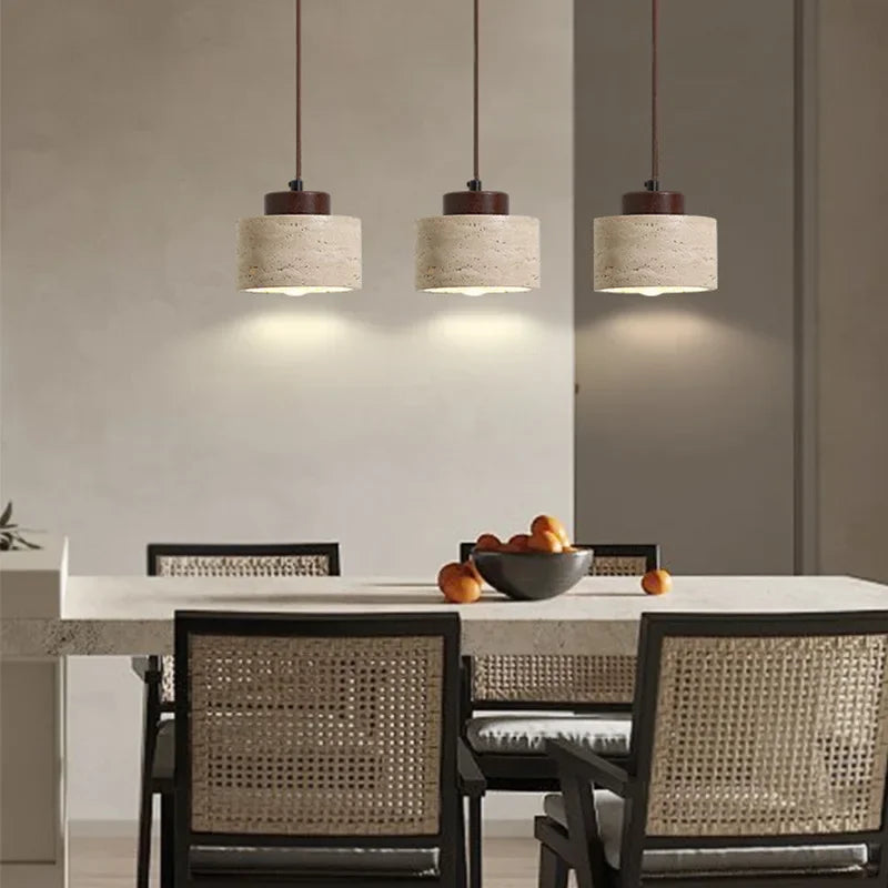 Japanese Wabi-Sabi Stone Pendant Light, LED Yellow Travertine Hanging Lamp for Bedroom Bedside Kitchen Island Dining Room Decor