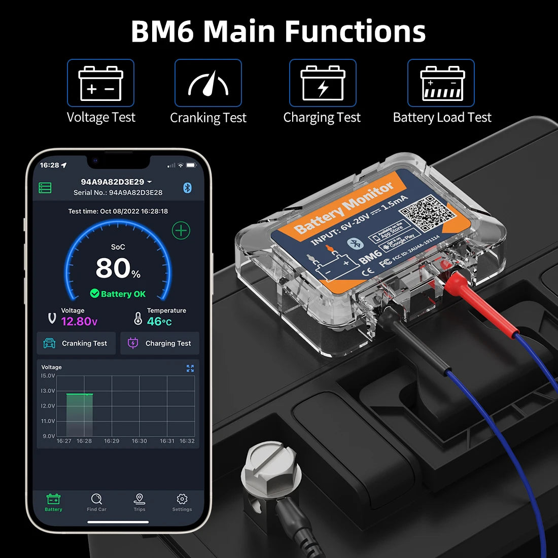 QUICKLYNKS BM6 Bluetooth 4.0 Car Battery Monitor 12V Battery Tester Charging Cranking Battery Analyzer APP for Android IOS