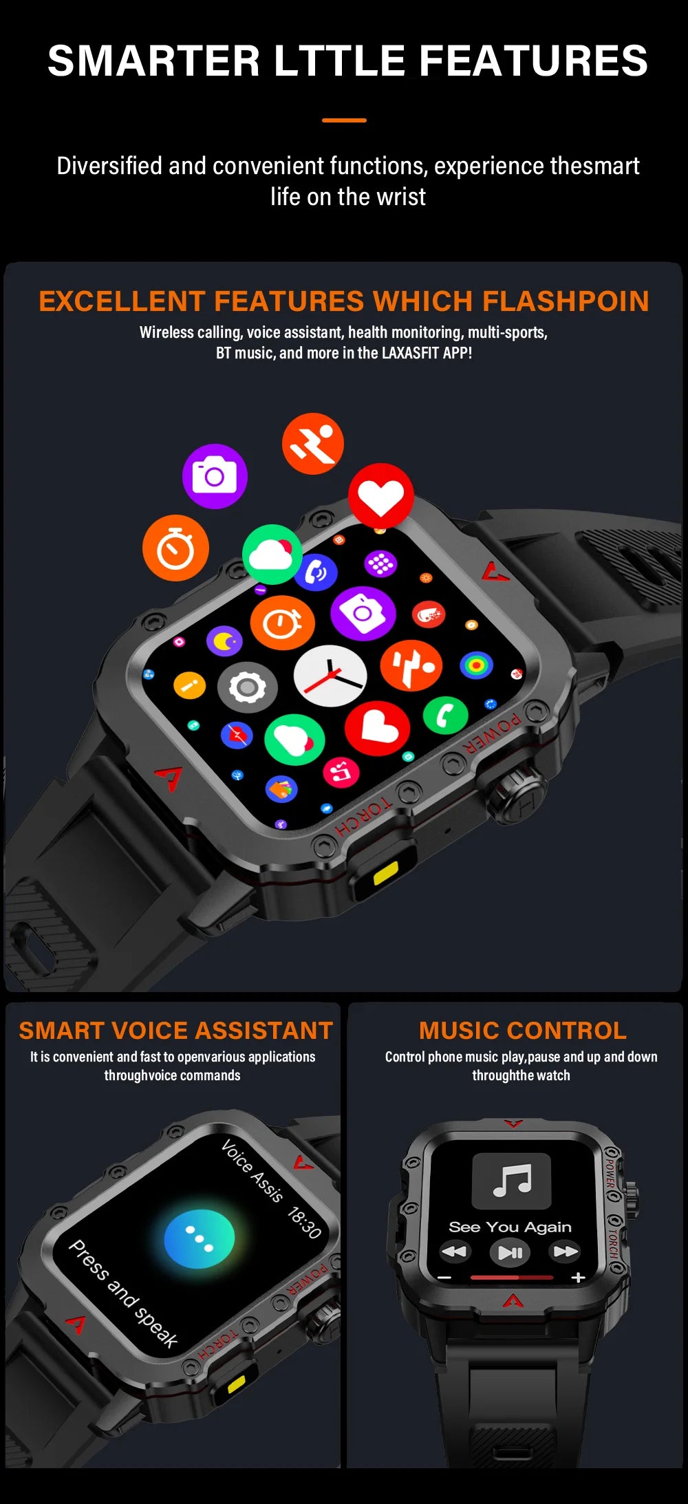 LAXASFIT 2025 New Smart Watch Men's Outdoor Watch 1.85 inch Voice Assistant Bluetooth Call with LED Flashlight Smart Watch