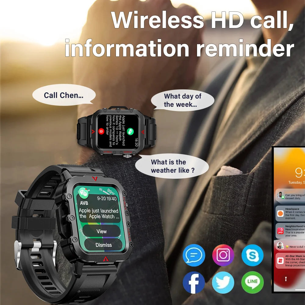 LAXASFIT New Outdoor Military Smartwatch Bluetooth Talking Smartwatch 1.73 Inch LED Sports Fitness Watch