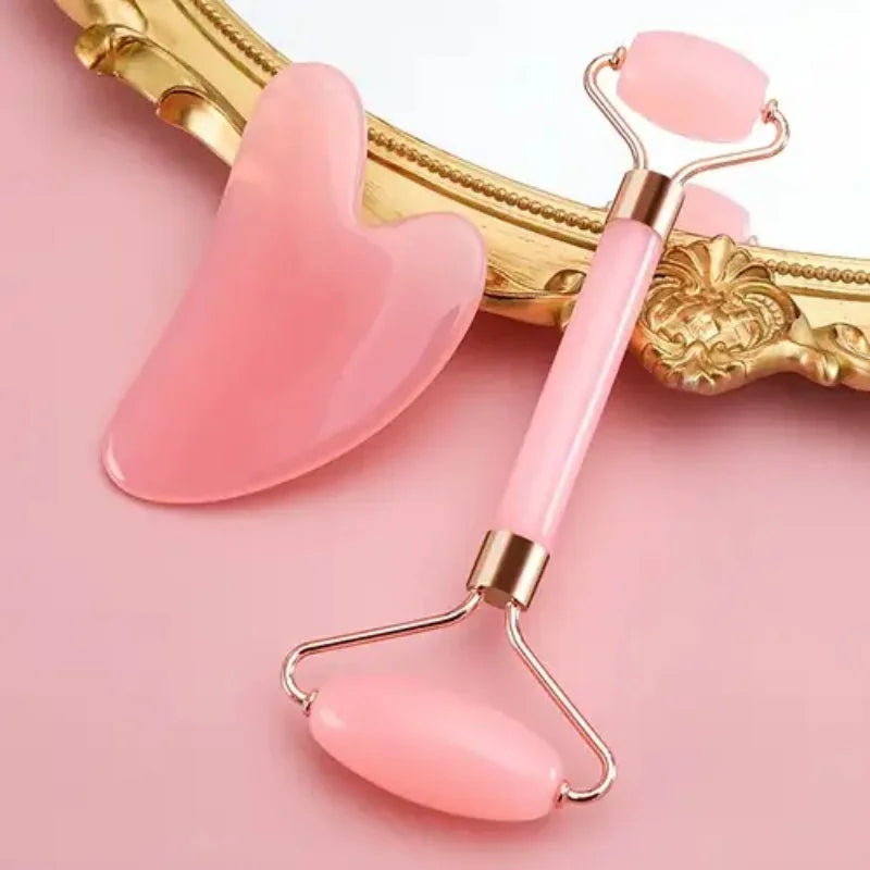 2pcs Facial Roller Scraping Board Set Facial Skincare Massager Kit Heart-shaped Gua Sha Board Salon Beauty Tool