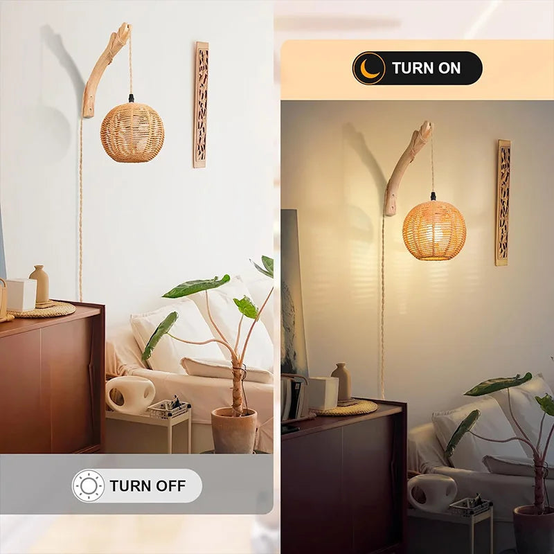Bamboo Lantern Wall Lamp Natural Rattan Wicker E27 Chandeliers Hand-Woven Bamboo Room Decor Lampshades Wall Light Fixtures