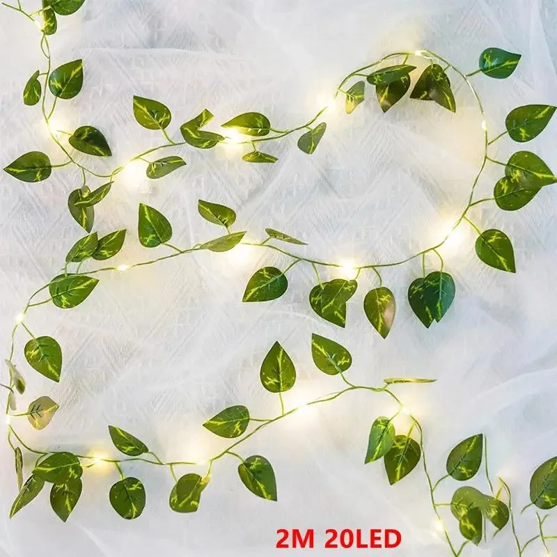 2/10M Silk Leaves Fake Creeper Green Leaf Ivy LED String Lights Home Decor Hanging Garland Artifi...
