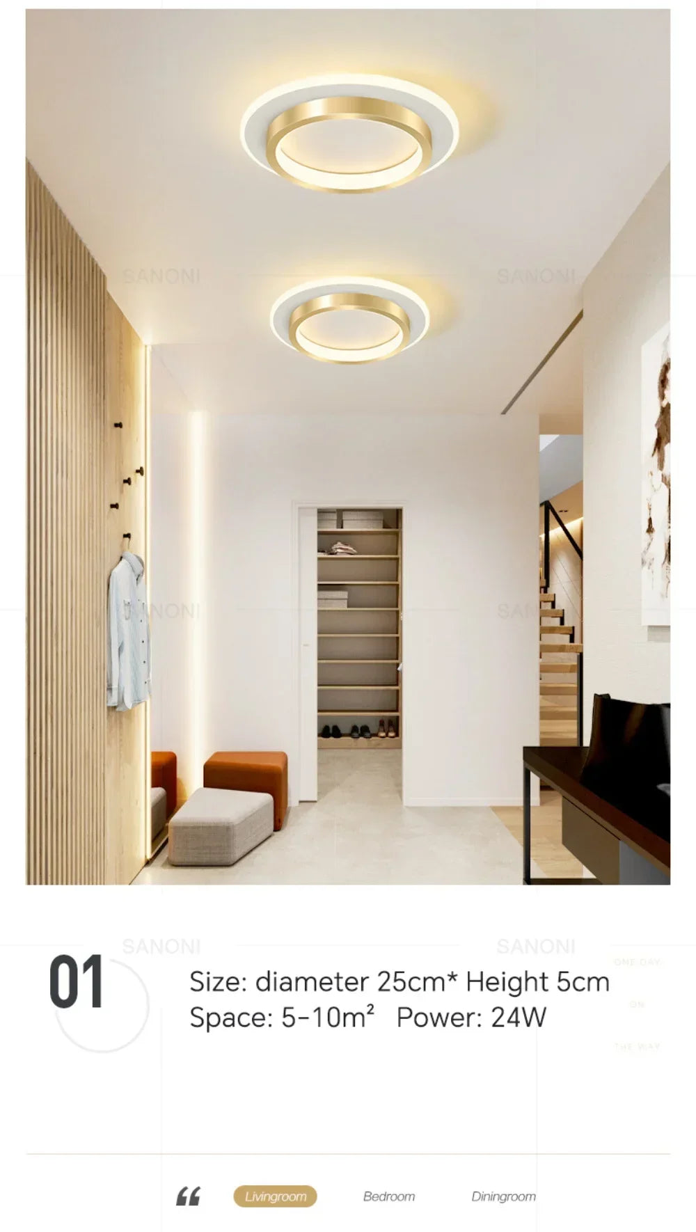 DINDALLED Modern LED Ceiling Light for Corridor Stairs Bedroom Bathroom, Round Flush Mount Chandelier Indoor Lighting Fixture,