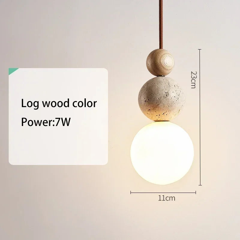 Luma Cream Style Yellow Travertine Pendant Lights, Nature Stone Wood Hanging Lamps for Bedroom Bedside Restaurant Kit...