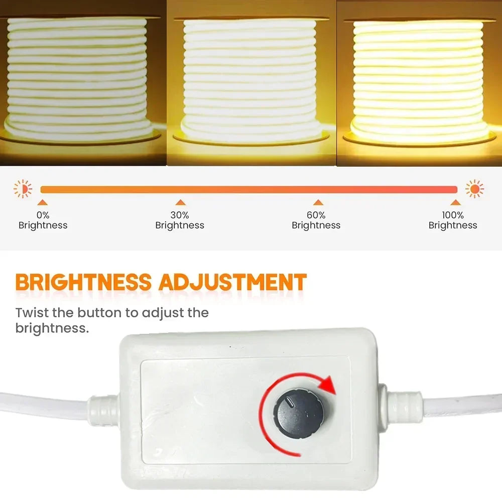 COB LED Lamp Strip FOB LED Tape 288LEDs/m Switch/Dimmable Power EU Plug RA90 Outdoor IP65 Wa...