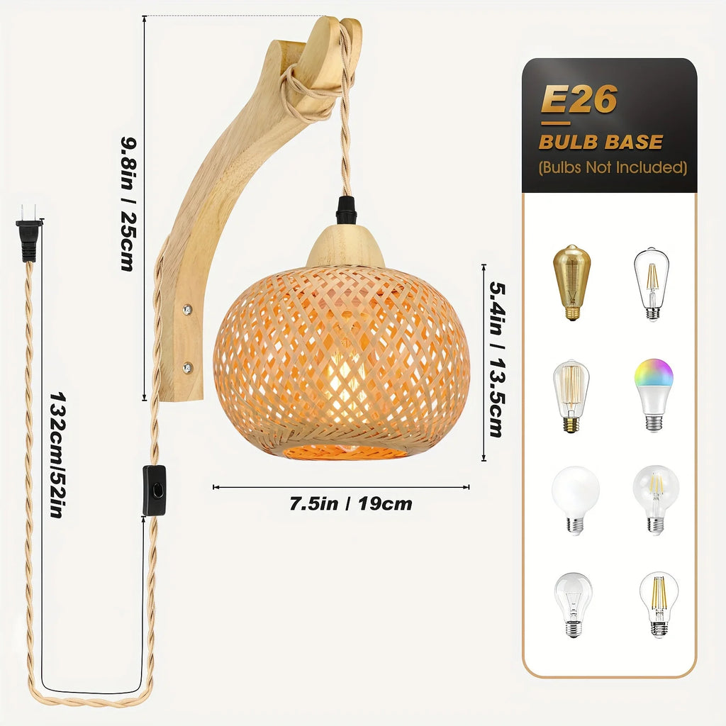 JOYINLED Bamboo Light Plug-In Wall Lamp Wicker with American Plug-In Cord Hand-Woven Rattan Wall Lamp Wall Lamp for Living Room