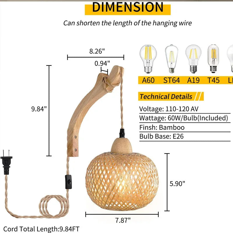 Bamboo Lantern Wall Lamp Natural Rattan Wicker E27 Chandeliers Hand-Woven Bamboo Room Decor Lampshades Wall Light Fix...