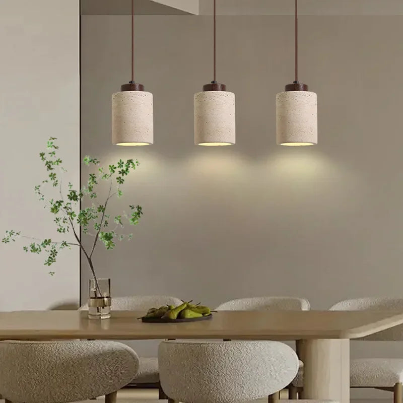 Japanese Wabi-Sabi Stone Pendant Light, LED Yellow Travertine Hanging Lamp for Bedroom Bedside Kitchen Island Dining Room Decor