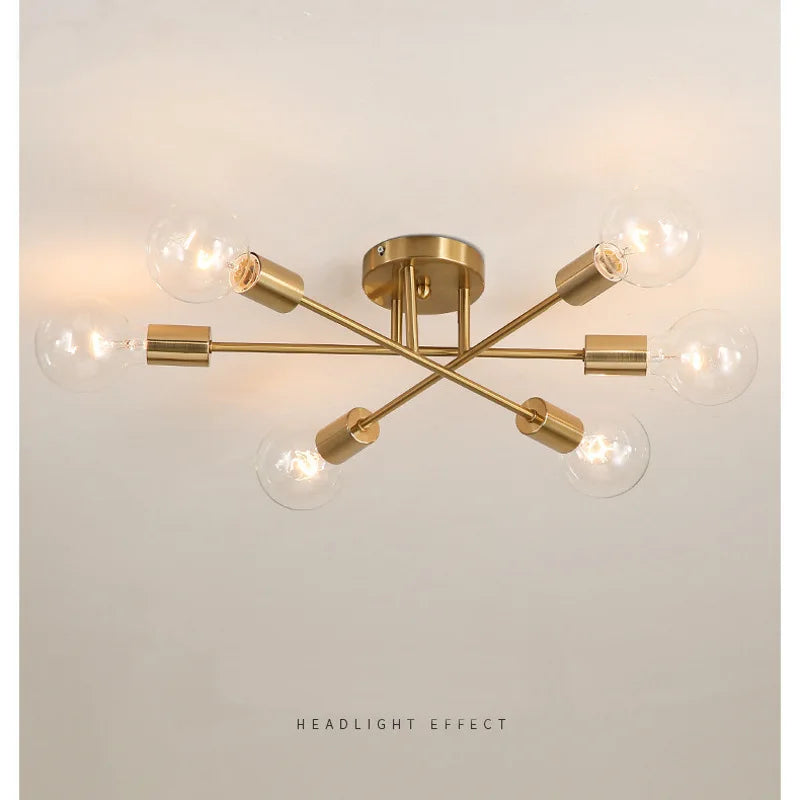 Dropshipping Modern Sputnik Chandelier Nordic Semi Flush Mount Ceiling Lamp Brushed Antique Gold Home Decor Lighting Fixture