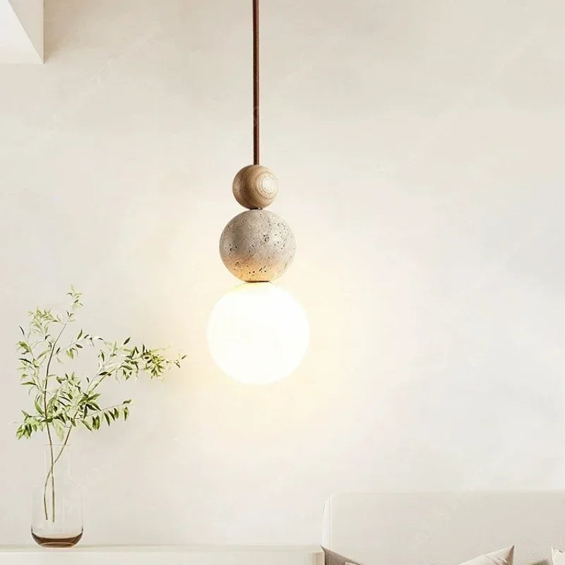 Luma Cream Style Yellow Travertine Pendant Lights, Nature Stone Wood Hanging Lamps for Bedroom Bedside Restaurant Kitchen Island