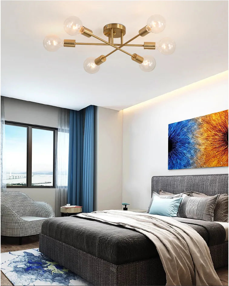 Dropshipping Modern Sputnik Chandelier Nordic Semi Flush Mount Ceiling Lamp Brushed Antique Gold Home Decor Lighting Fixture