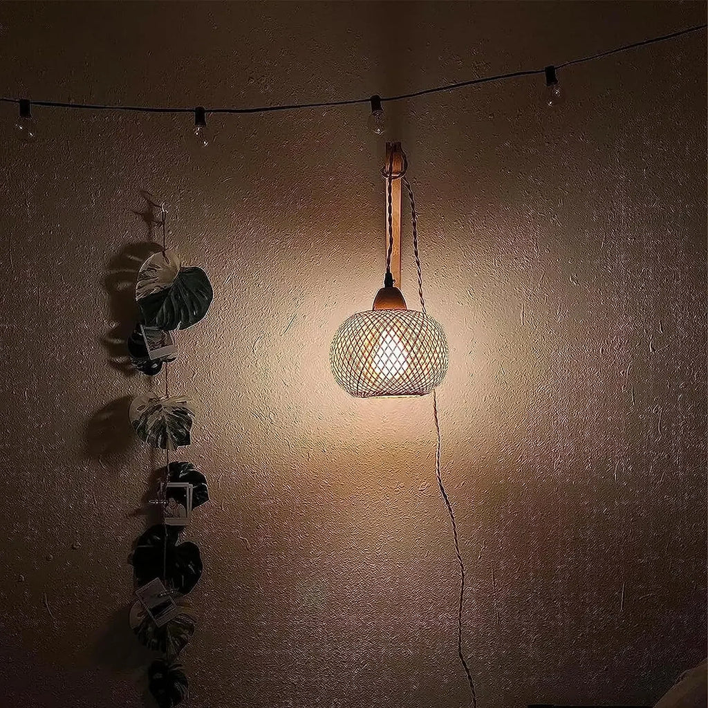 Bamboo Lantern Wall Lamp Natural Rattan Wicker E27 Chandeliers Hand-Woven Bamboo Room Decor Lampshades Wall Light Fixtures