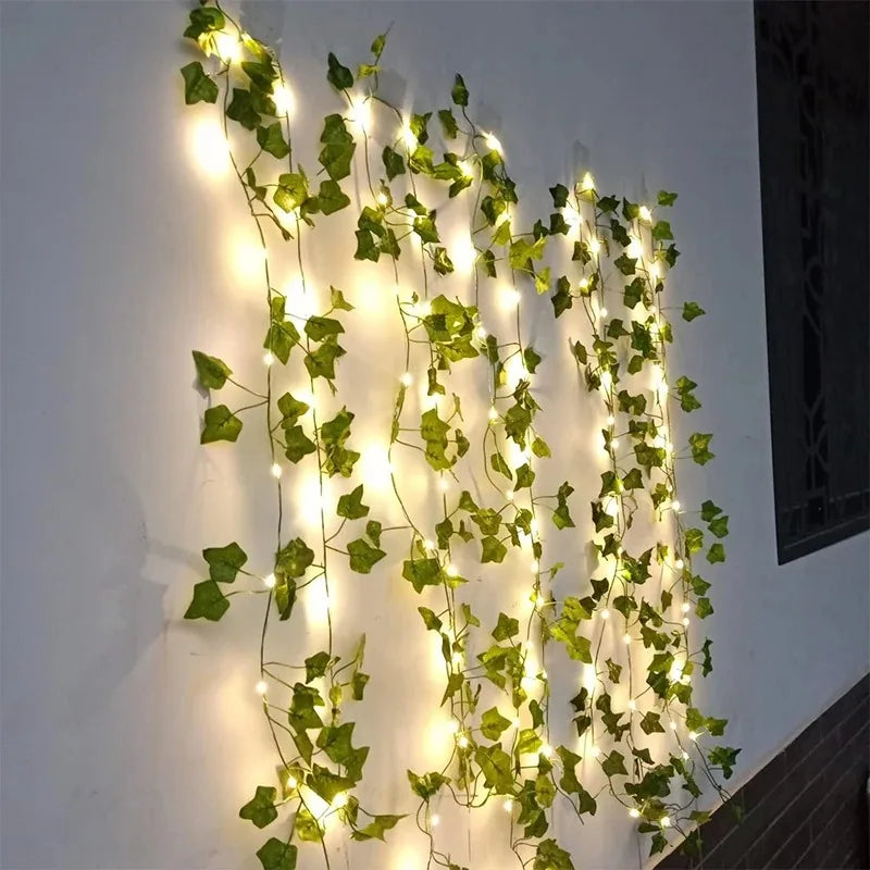 2/10M Silk Leaves Fake Creeper Green Leaf Ivy LED String Lights Home Decor Hanging Garland Artifi...