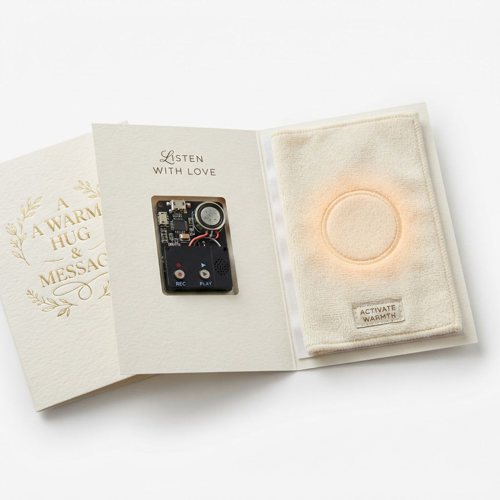 Voice + Heat Greeting Card interior with voice module and heat pad