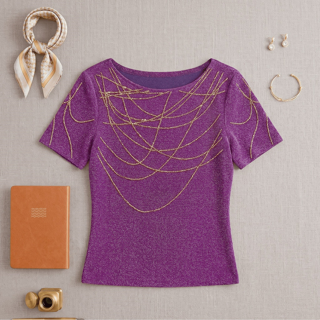 Round-neck Sparkly Heat-transfer Rhinestone High-stretch Mesh T-shirt