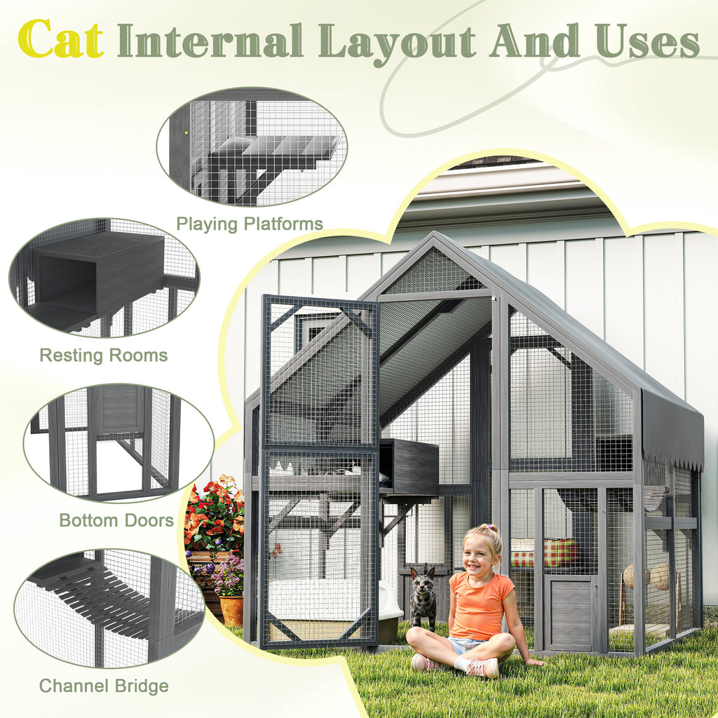 Large Outdoor Cat Enclosure — 2 Platforms & Tunnel
