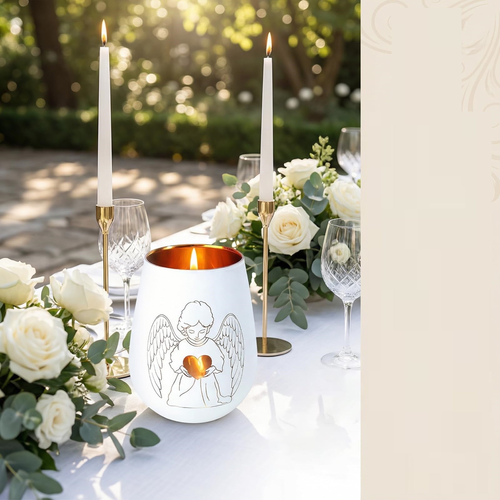White Tealight Holder – Guardian Angel Design, Glass Lantern For