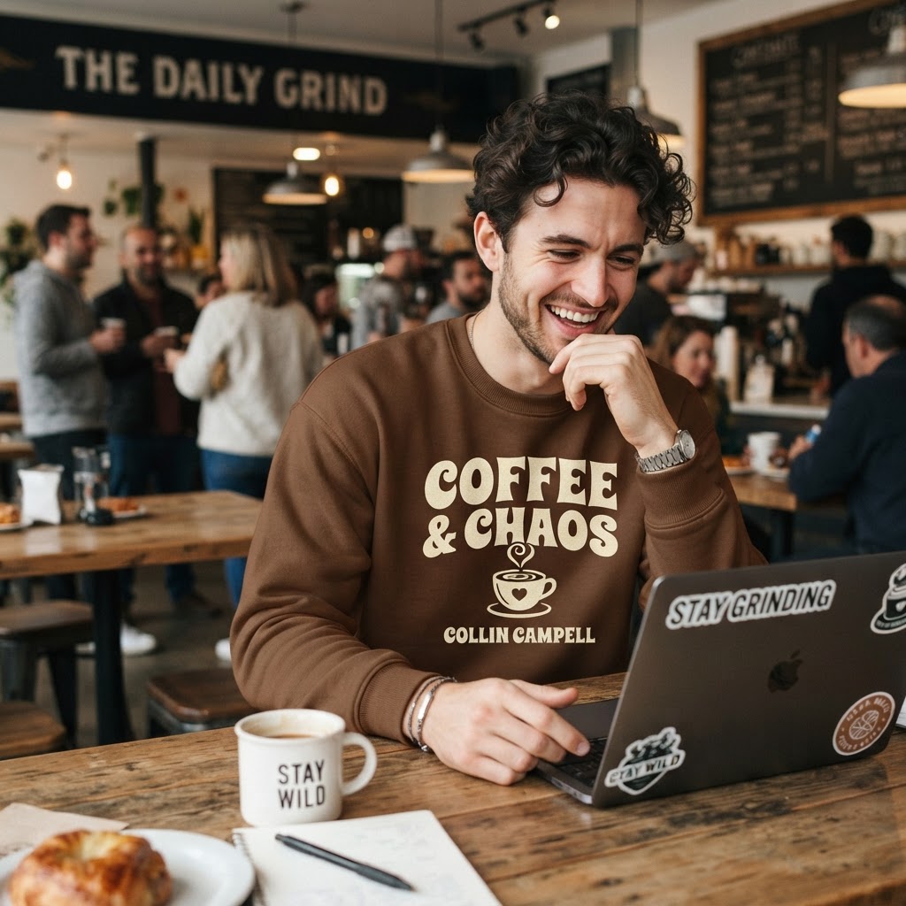 Coffee & Chaos — Premium Crewneck Sweatshirt | COLLIN CAMPELL product image