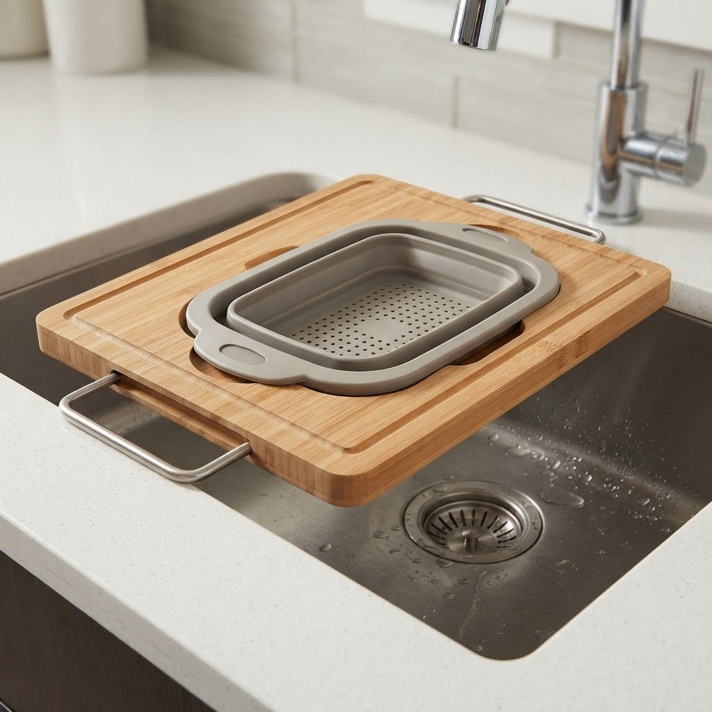 Over-Sink Cutting Board with Collapsible Colander