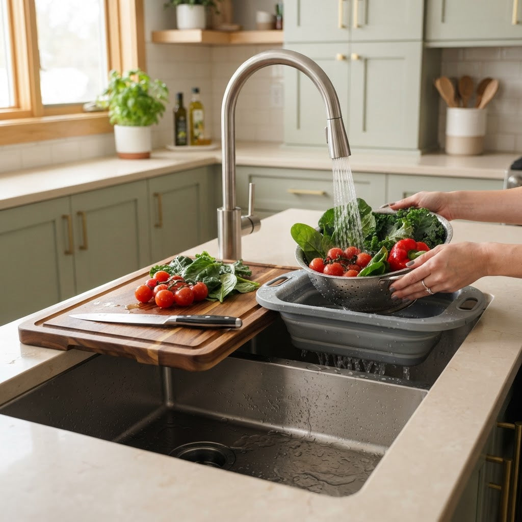 Over-Sink Cutting Board with Collapsible Colander
