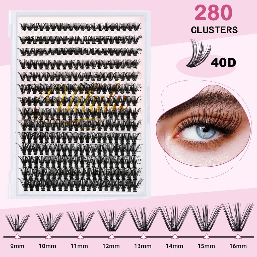 DIY Lash Extension Kit 280pcs Individual Lash Clusters D Curl 30D 40D Thick Volume Eyelash Clusters 0.07D 9-16MM Mixed Length Reusable Soft Natural Look DIY At Home Lash Extensions Makeup Tool Kit