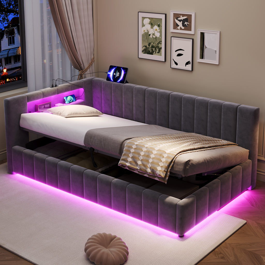 3ft Velvet Hydraulic Storage Bed With RGB LED Lighting