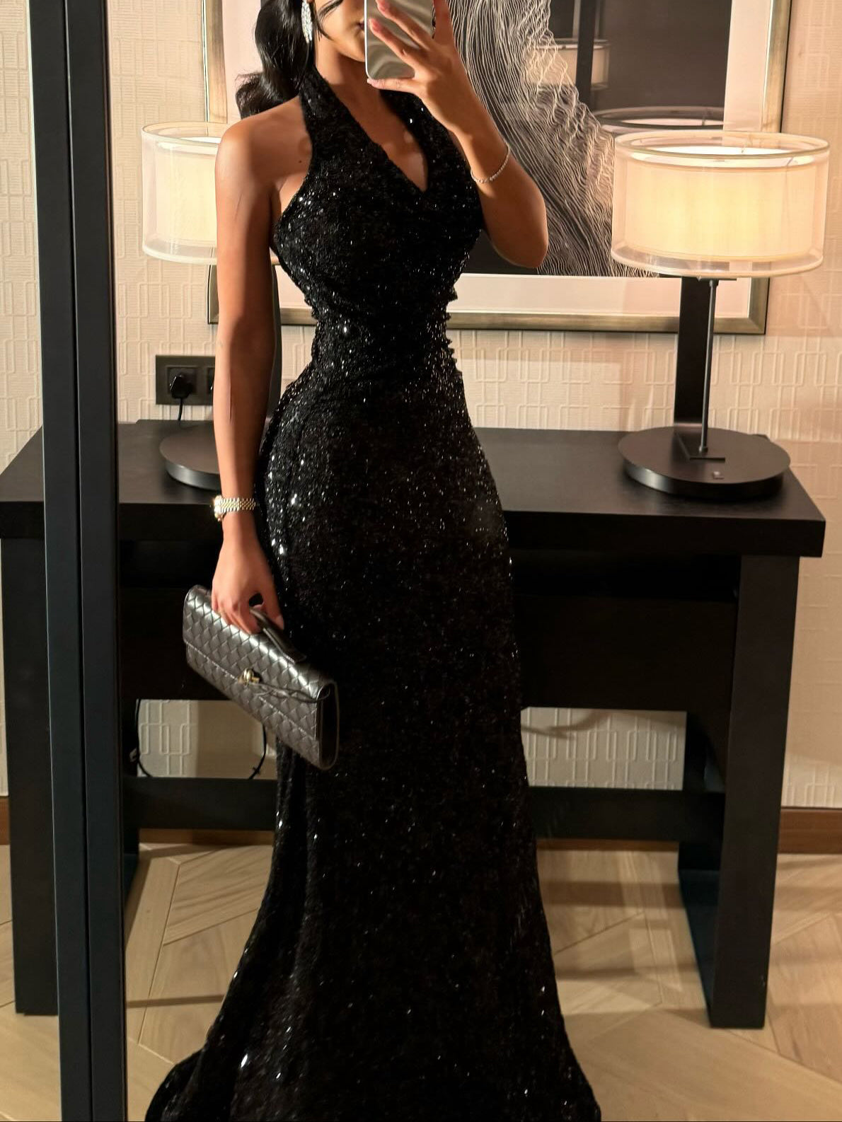 Black Sequin Halter Neck Mermaid Gown With Full Sparkle Detail product image