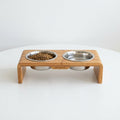 Elevated Pet Feeding Station — 2 Stainless Steel Bowls + Bamboo Stand