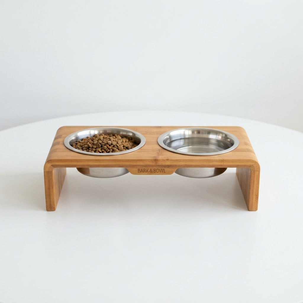 Elevated Pet Feeding Station — 2 Stainless Steel Bowls + Bamboo Stand