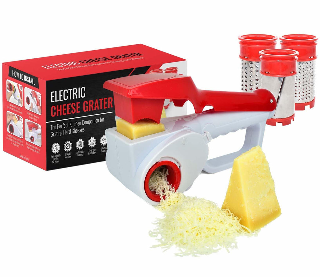 Electric Cheese Grater for HARD Cheeses (NOT Cheddar!) - JUST AMAZING DEALS Automatic Electric Handheld Rotary Cheese Grater Slicer For Parmesan Cheese Cordless with Rechargable Battery (Red)