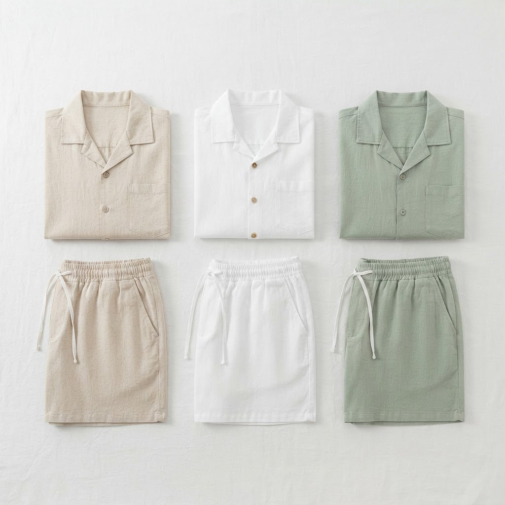 Men's Linen 2-Piece Casual Set — Short Sleeve Shirt & Drawstring Shorts