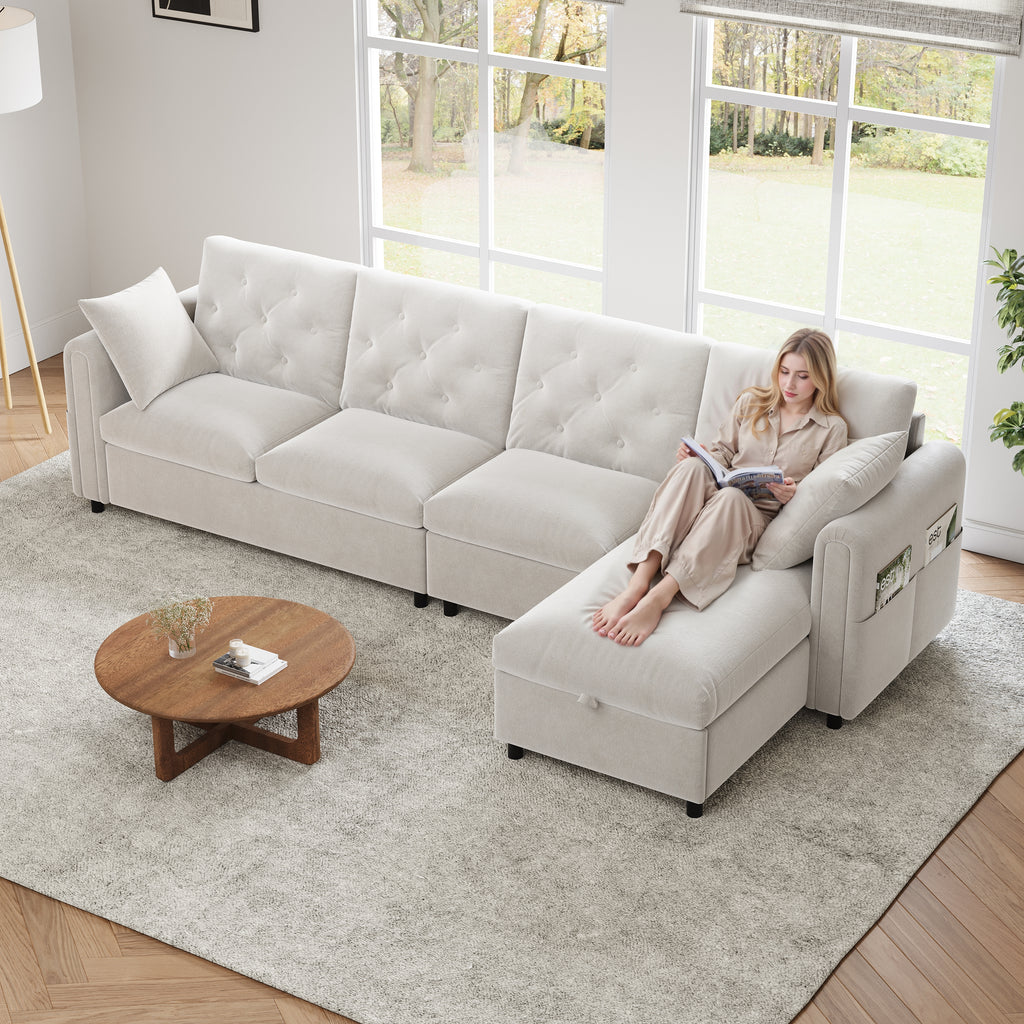 Modern L-Shaped Velvet Sectional Sofa With Storage Chaise