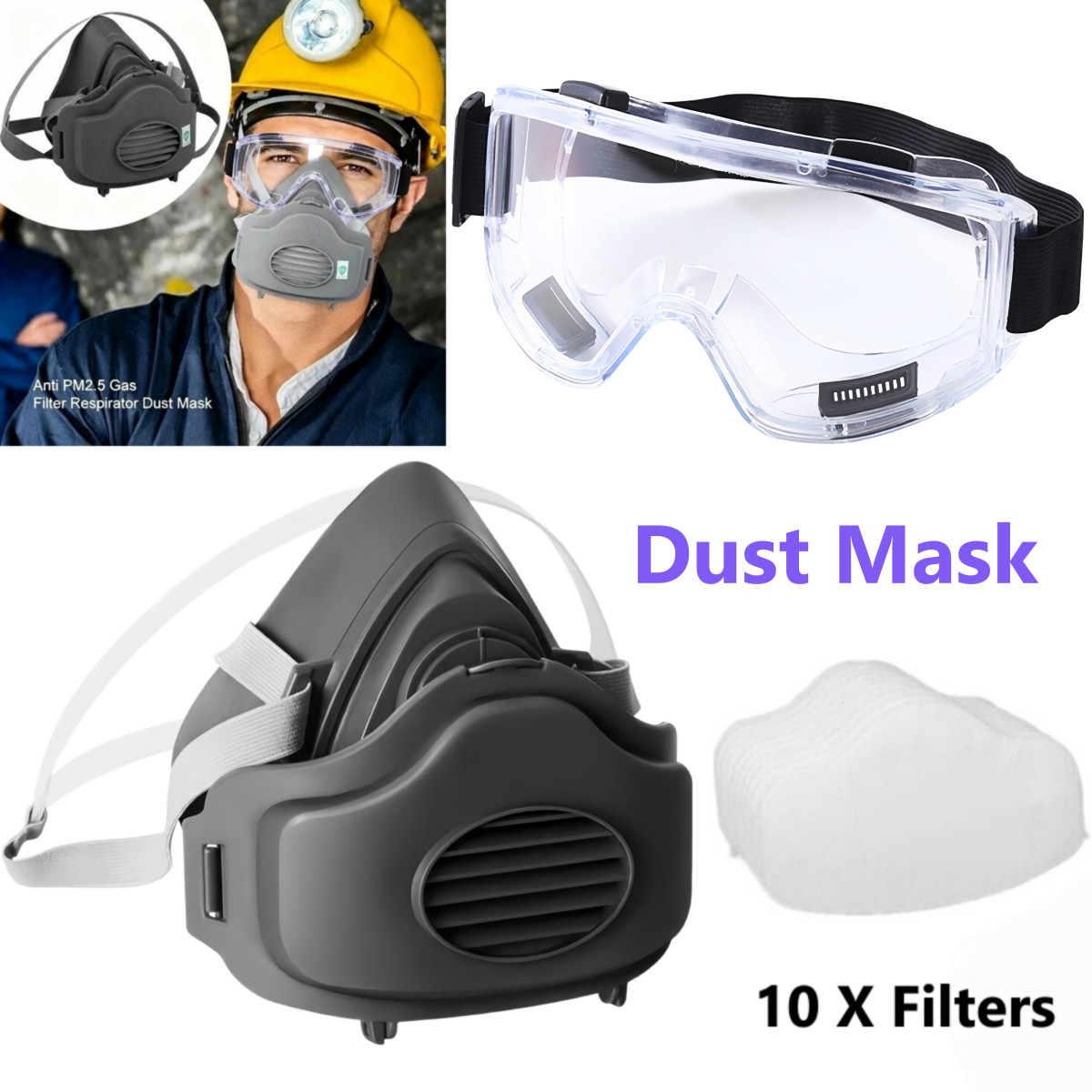Half Face Respirator Gas Mask Facepiece Spray Painting Safety Glasses
