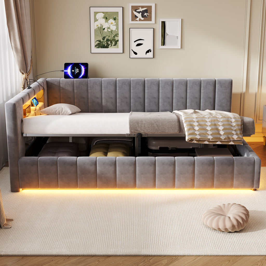 3ft Velvet Hydraulic Storage Bed With RGB LED Lighting