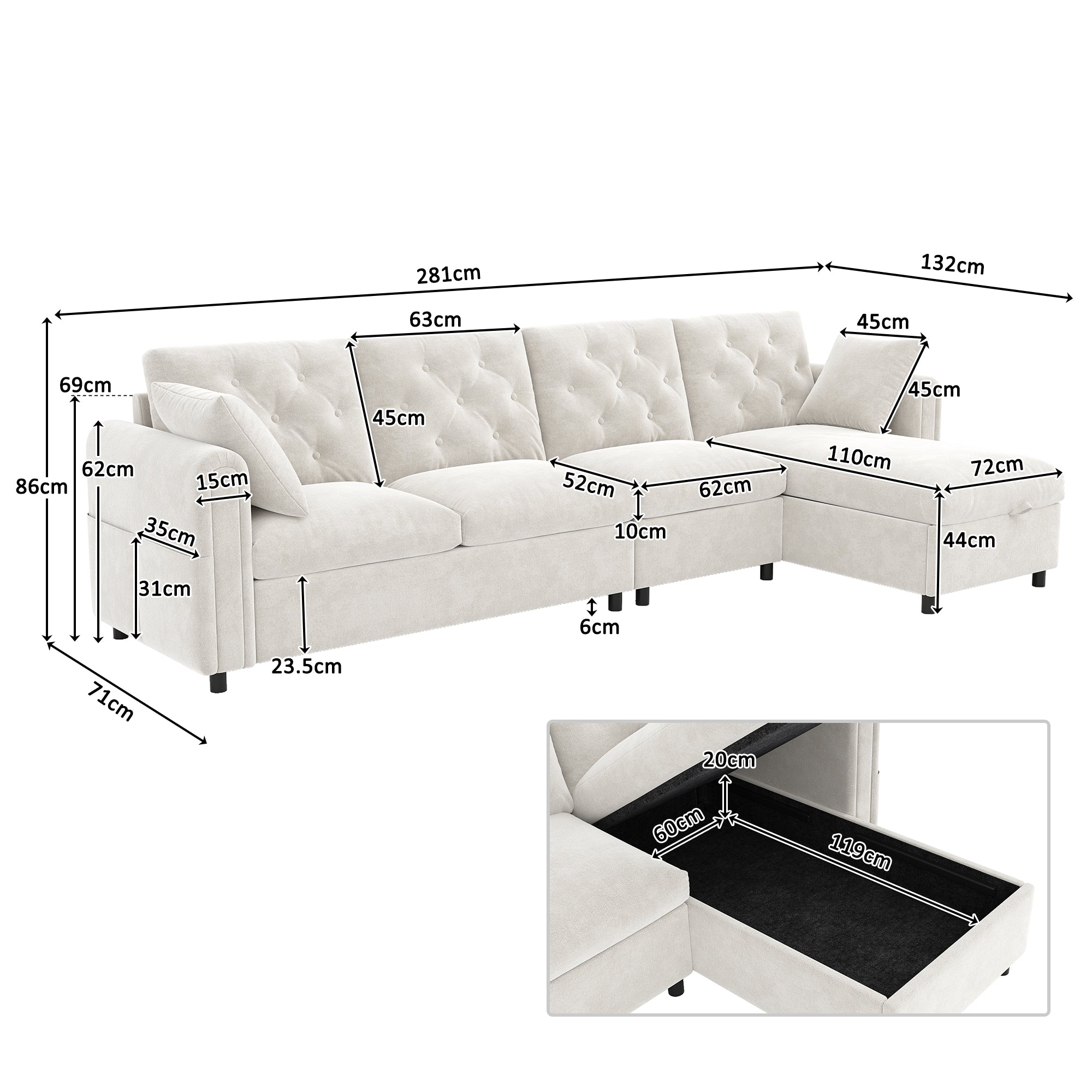 Modern L-Shaped Velvet Sectional Sofa With Storage Chaise