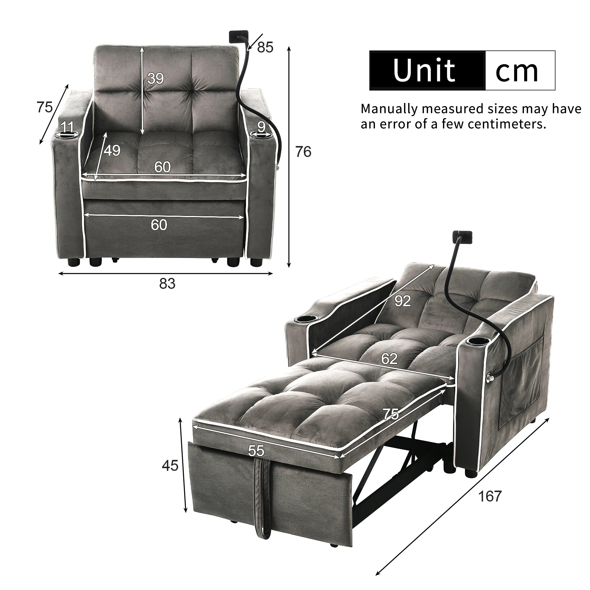 3-in-1 Convertible Sofa Bed With Drink Holders