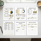 Inside the Budget & Expense Tracker - sample pages showing budget tables, savings goals, and expense tracking